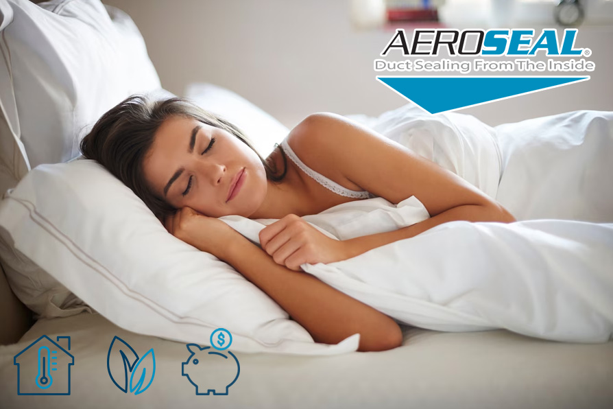 Calgary_Aeroseal_Product_Image_Enhanced_Sealing A close-up of woman sleeping happily because Aeroseal duct sealing equipment in action, enhancing home energy efficiency.