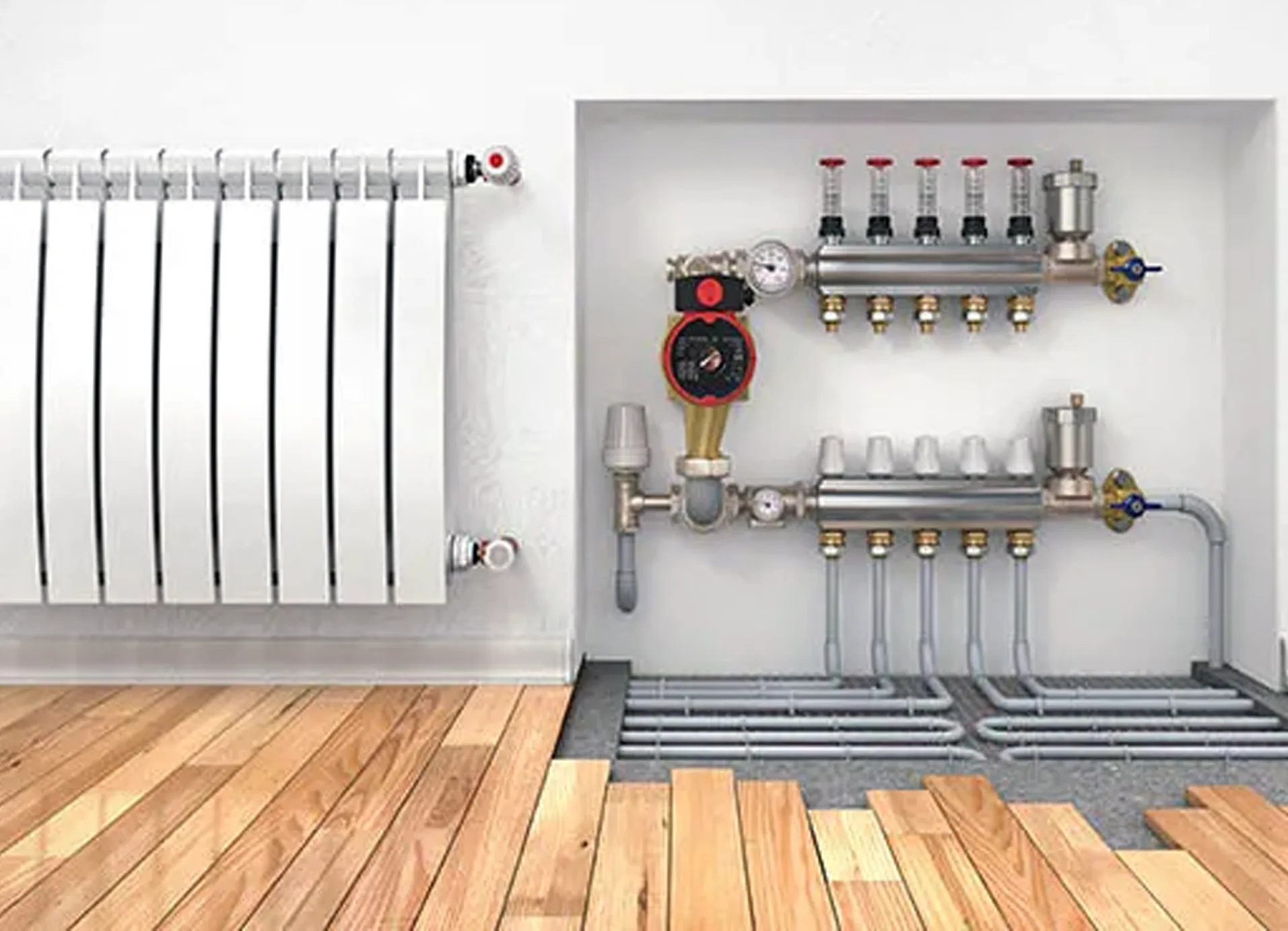 Technician installing a hydronic boiler heating system in a residential home