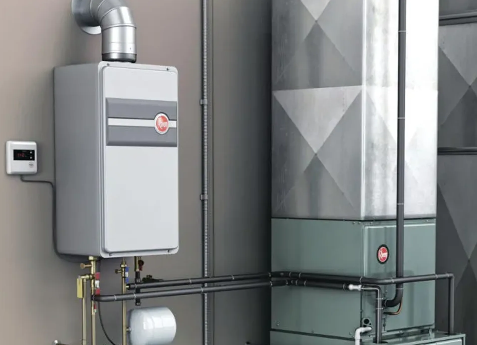 Installation of a tankless water heater alongside space heaters in a Calgary home for efficient heating